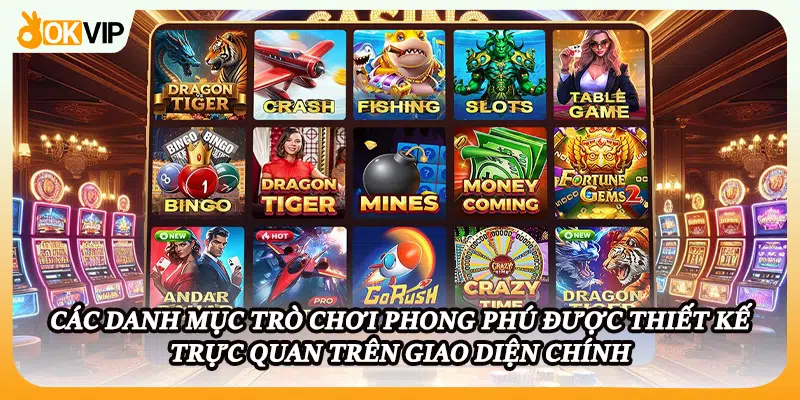 Các danh mục trò chơi phong phú được thiết kế trực quan trên giao diện chính